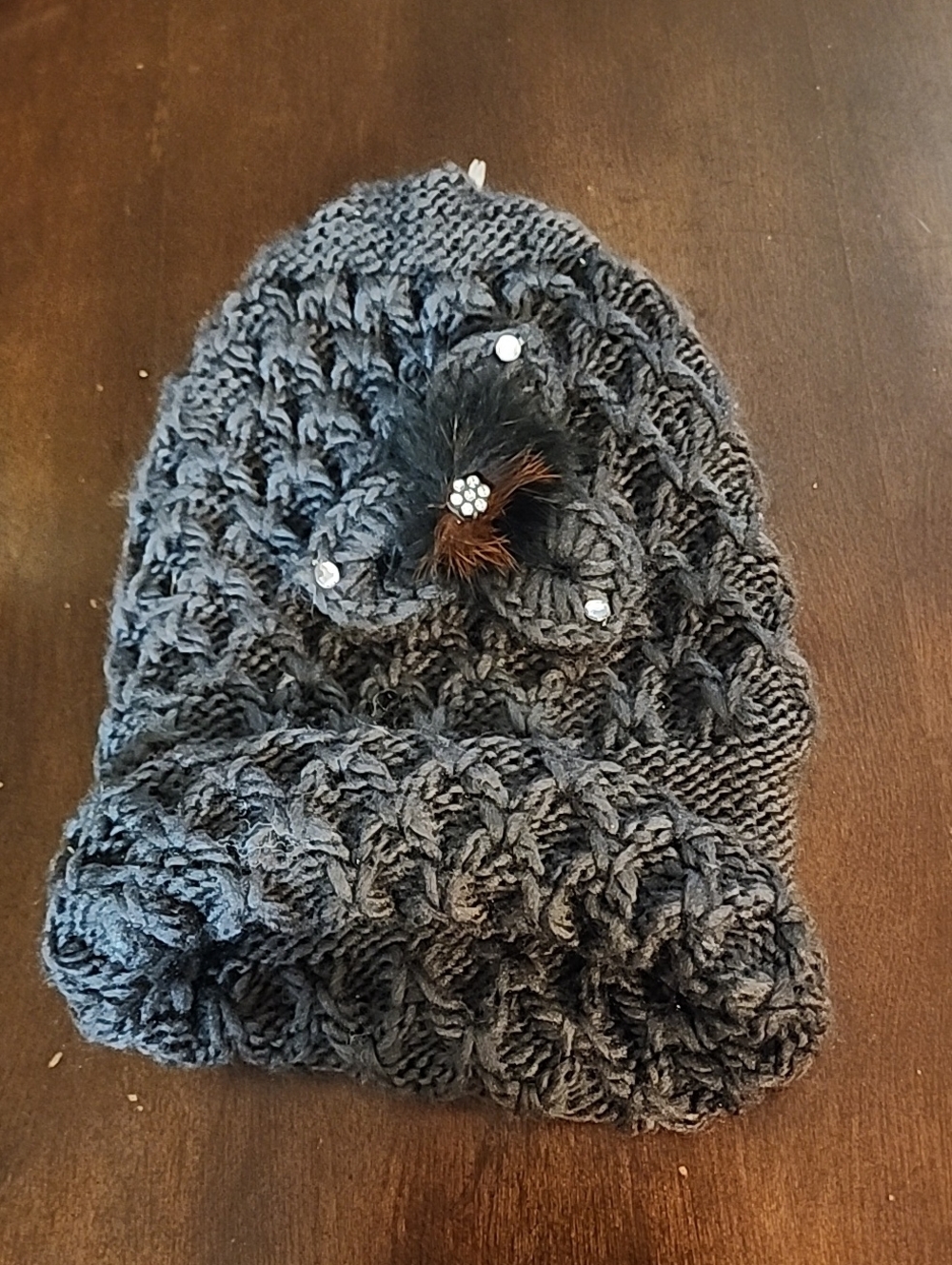 Black Knit Beanie with Decorative Brooch